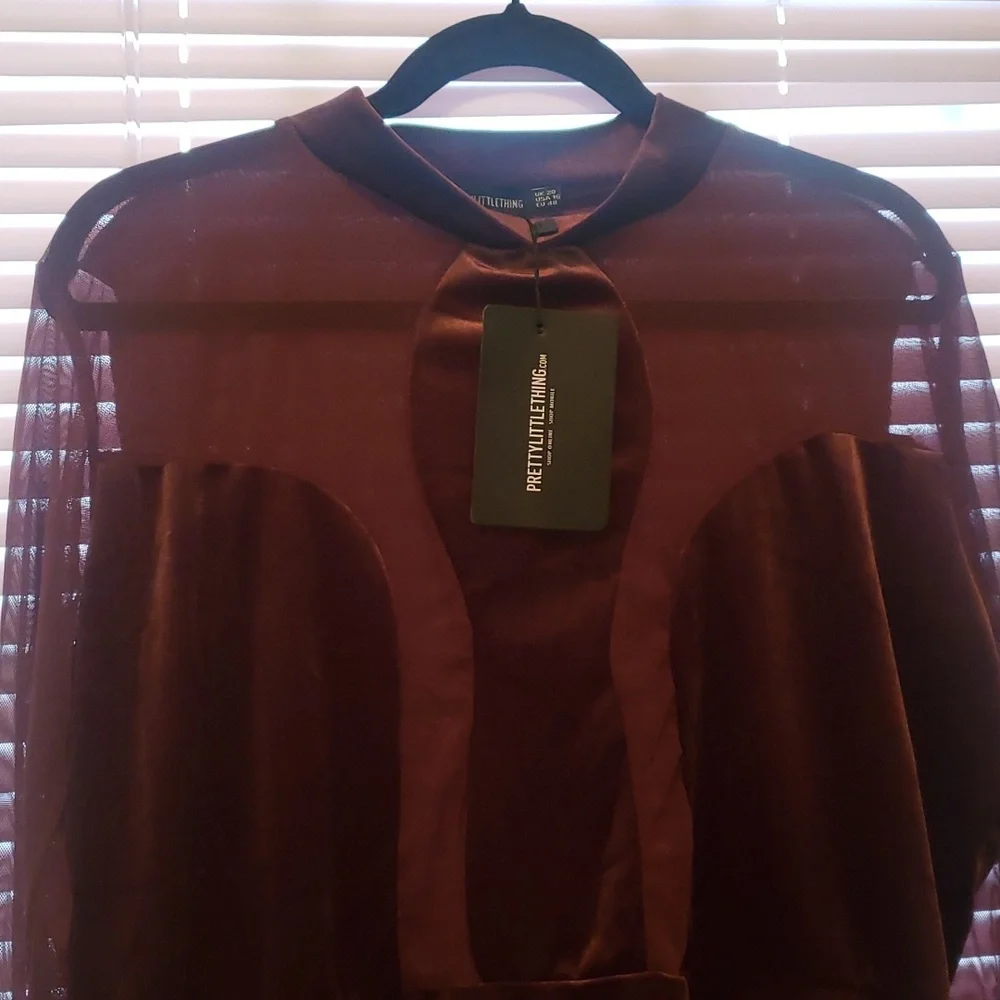 NWT Pretty Little thing Chocolate Velvet Long Sleeve mini dress plus size 16 - Picture 4 of 11
